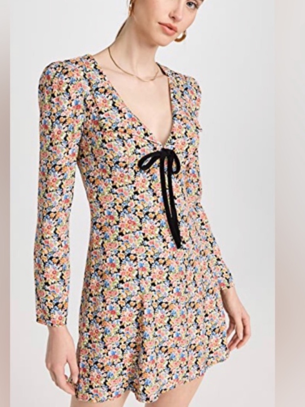 Reformation Mavis Floral Long-Sleeve Tie-Front Dress in Black and Multi